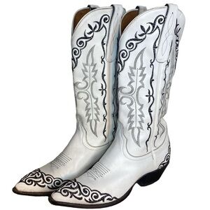 LARRY MAHAN Vintage White Leather Cowboy Boots Black Embroidery Western Size 6